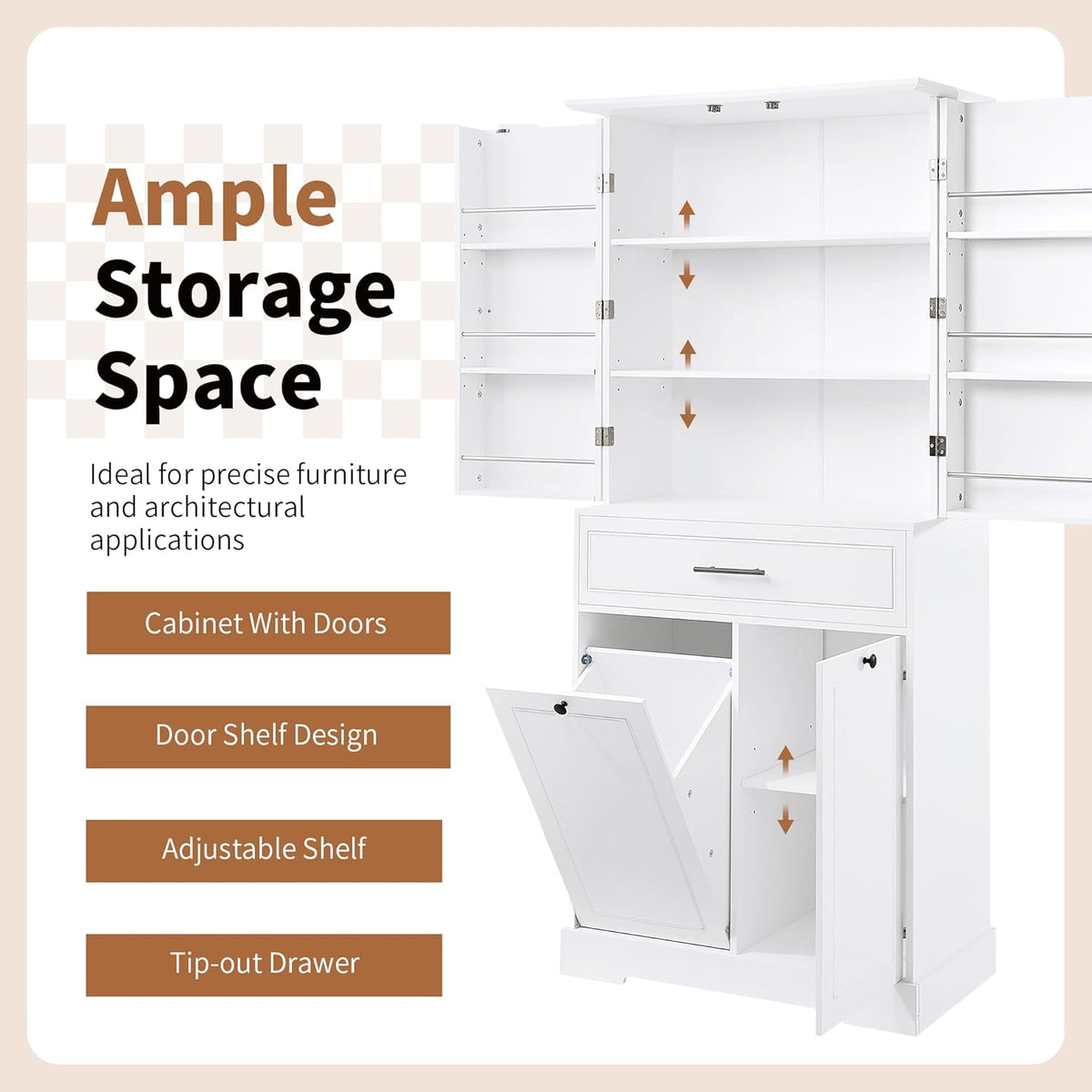 Tall Storage Cabinet Pantry Cupboard with Laundry Hamper and Door Rack Organizer for Bathroom, Kitchen or Enterway, Adjusatble Shelf, White