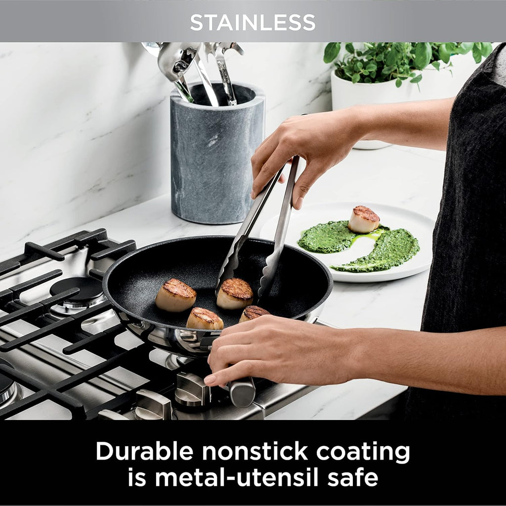 Ninja C69500 Foodi NeverStick Stainless 10-Piece Cookware Set with Glass Lids, Polished Stainless-Steel Exterior, Nonstick, Durable & Oven Safe to 500°F, Silver