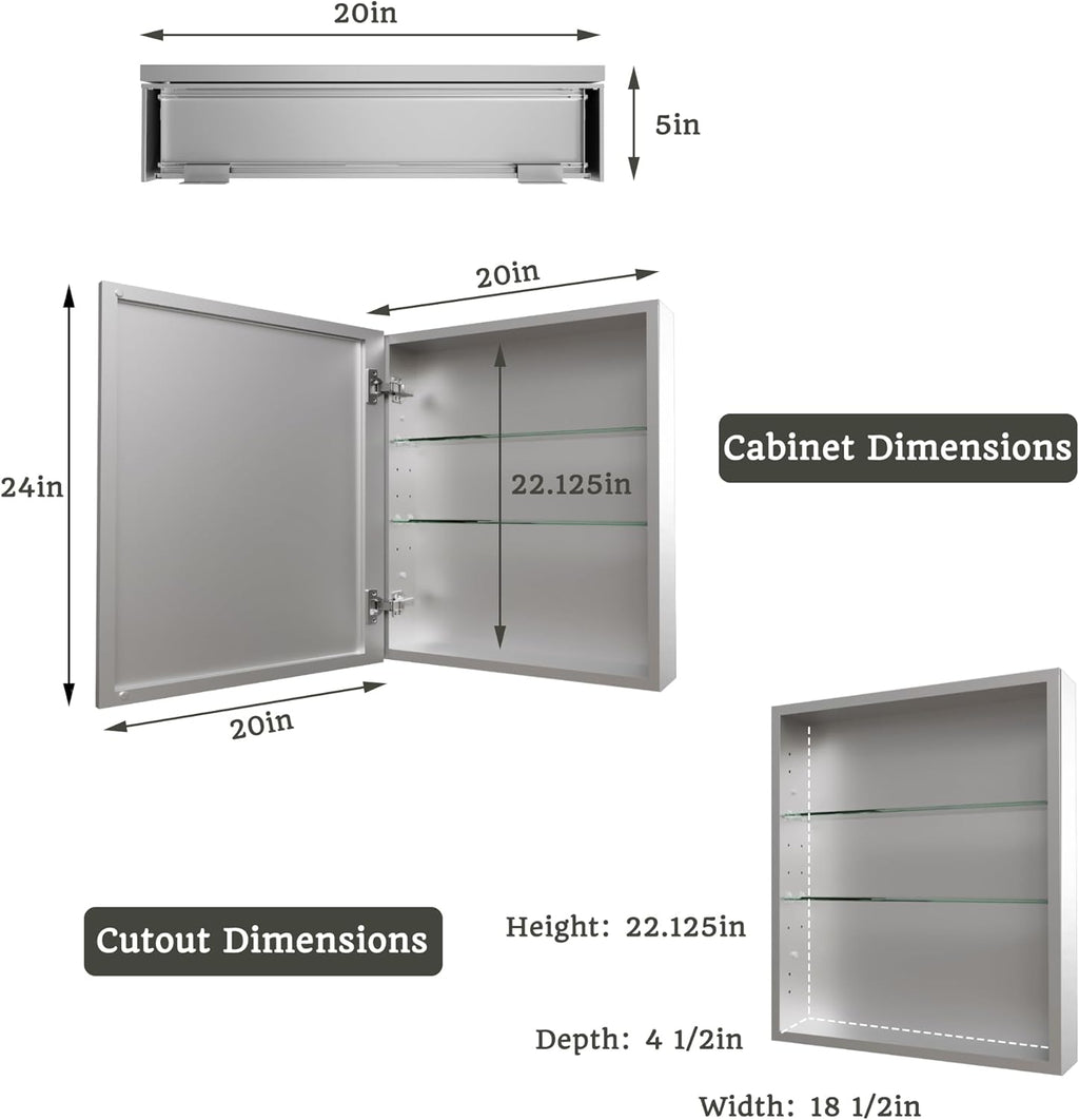 20x24 Bathroom Medicine Cabinet with Mirror,Aluminum Alloy Frame with Mirror Side Panels,Surface or Recessed Medicine Cabinet with Adjustable Shelves,Assembly Required