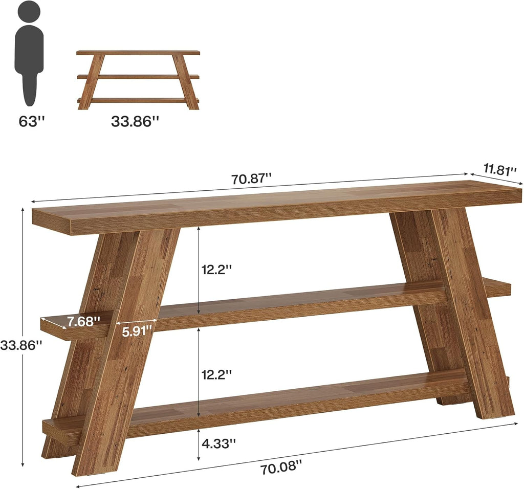 Tribesigns 70.9" Extra Long Console Table with Storage, 3-Tier Narrow Wooden Sofa Table Behind The Couch, Farmhouse Entry Foyer Table for Entryway, Living Room, Hallway, Brown
