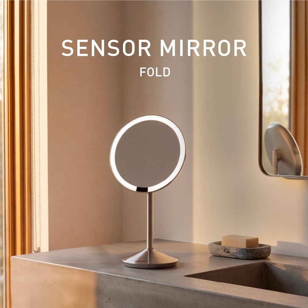 simplehuman Sensor Mirror Fold, 5'' with 10X Magnification, Round Rechargeable Travel Makeup Mirror, Tru-Lux® Full-Spectrum Light, Adjustable Brightness & Height, Brushed Stainless Steel