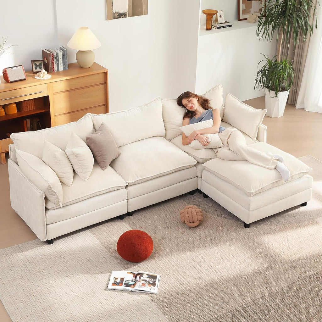 Vesgantti 108" Modular Sectional Sofa, Comfy Cloud Couch with Movable Ottoman Deep Seat Chenille L Shaped Modular Sofa, Sectional Couches for Living Room, Bedroom and Apartment, Beige