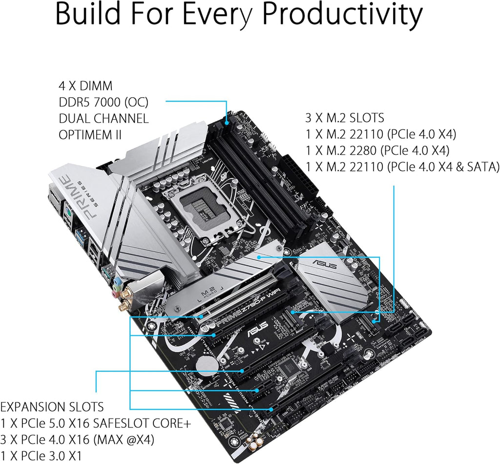 Asus Prime PRIME Z790-P WIFI Gaming Desktop Motherboard - Intel Z790 Chipset - Socket LGA-1700 - ATX - Core, Pentium Gold, Celeron Processor Supported - 128 GB DDR5 SDRAM Maximum RAM - DDR5-7200/PC5-5