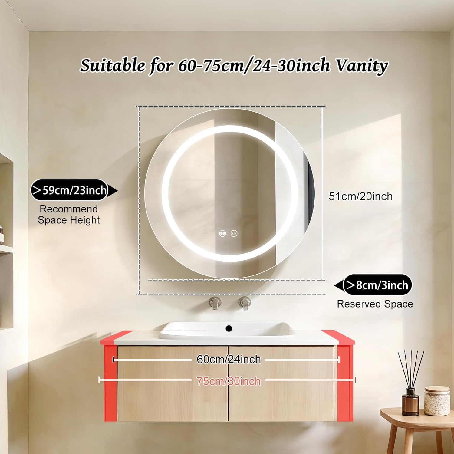 20inch Round Medicine Cabinet with Lights,Led Medicine Cabinet with Defogger,Illuminated Mirror Cabinet for Bathroom,Dimmable,Anti-Fog,3 Colors,Surface Mount Only,White
