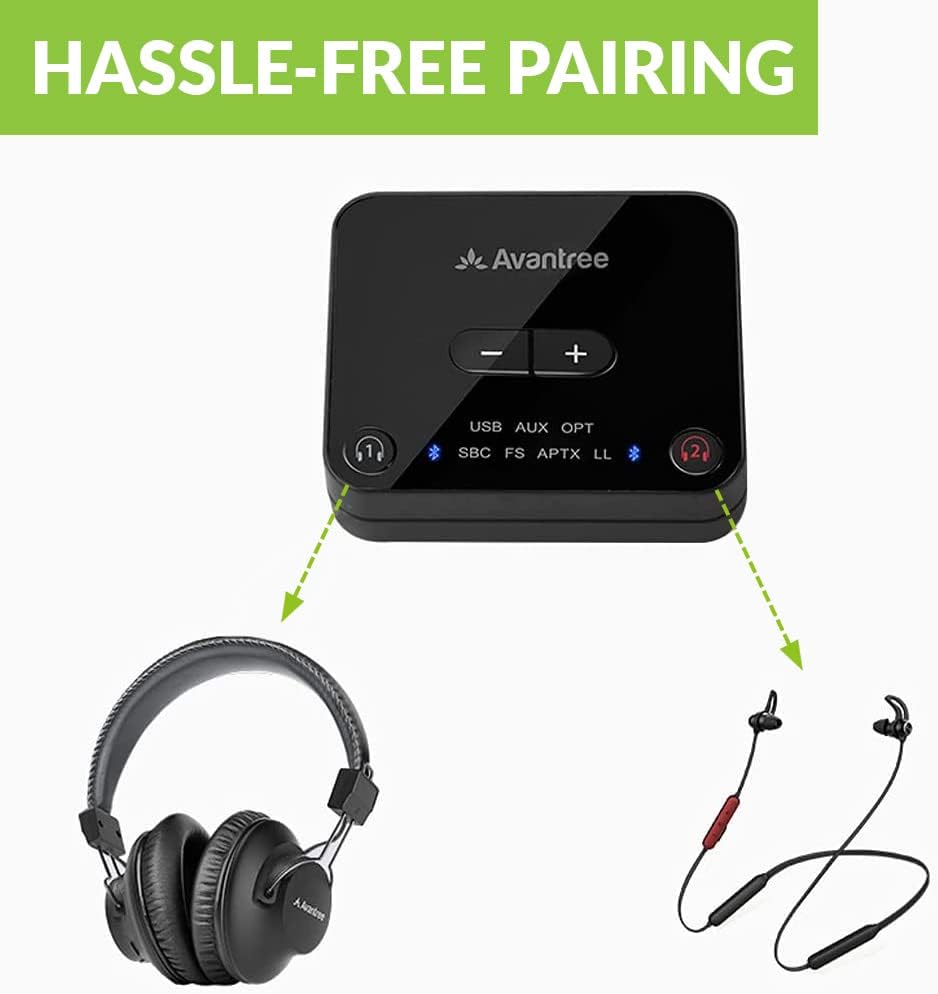 Avantree D4169 Dual Wireless Headphones & Earbuds Set for TV Watching with Bluetooth Transmitter, Personalized Volume Control, Plug-n-Play, No Audio Delay