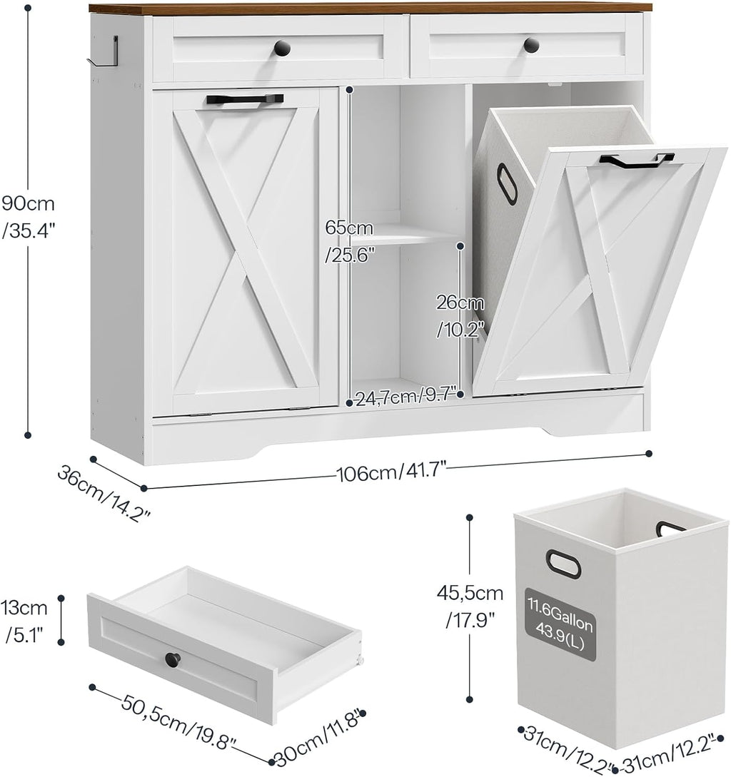 HOOBRO Double Tilt Out Laundry Hamper Cabinet, 23 Gallon Farmhouse Trash Can Cabinet with 2 Drawers and Open Shelving, Wooden Hidden Laundry Hamper, for Bathroom, Kitchen, White and Walnut WH11XY01