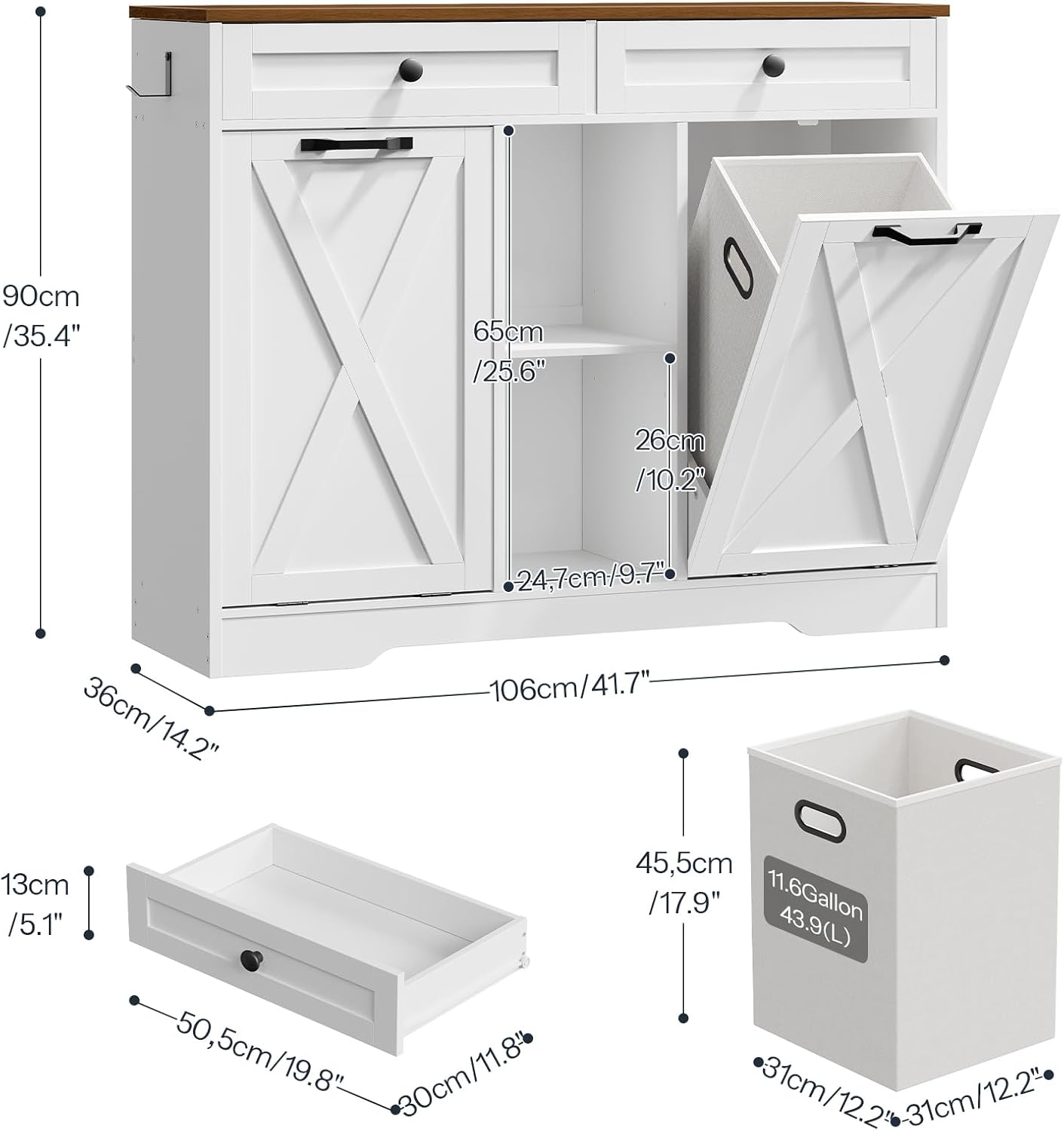 HOOBRO Double Tilt Out Laundry Hamper Cabinet, 23 Gallon Farmhouse Trash Can Cabinet with 2 Drawers and Open Shelving, Wooden Hidden Laundry Hamper, for Bathroom, Kitchen, White and Walnut WH11XY01