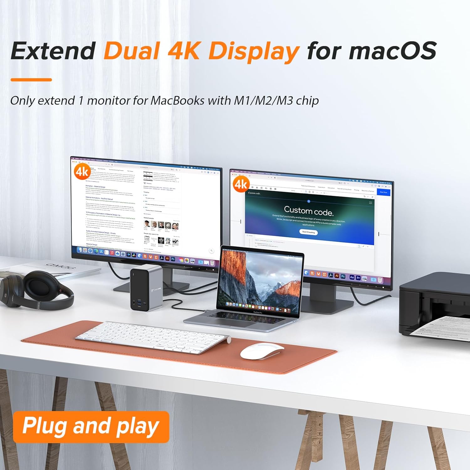 MacBook Pro Docking Station Dual Monitor with 2 4k HDMI Display,15 in 2 USB C Docking Station for MacBook with 2 HDMI, VGA, PD3.0, 7 USB Ports, RJ45 Ethernet & 3.5mm Audio (No Power Adapter)