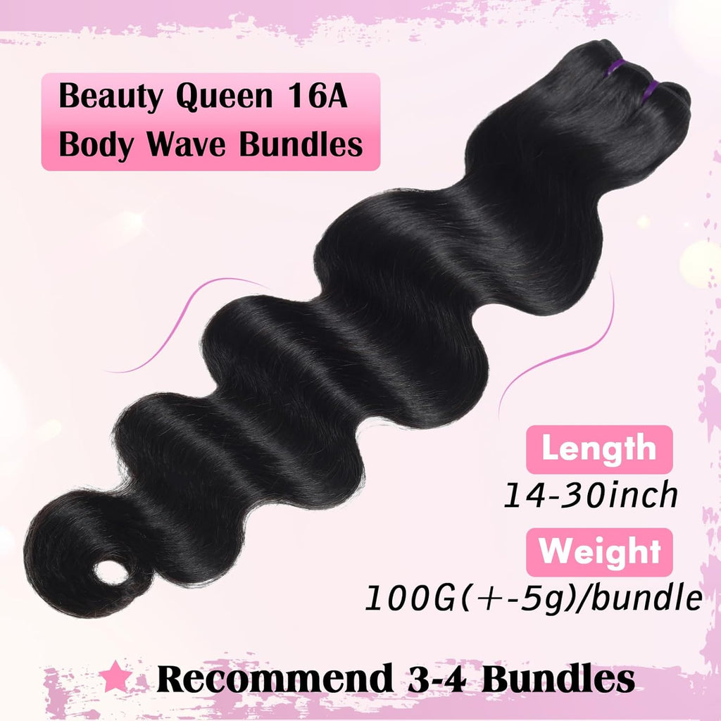 Beauty Queen 16A Body Wave Bundles Human Hair (20 18 16 Inch) 100% Unprocessed Brazilian Virgin Weave 3 Bundles Human Hair Full And Thick Remy Hair Extensions Natural Color for Women
