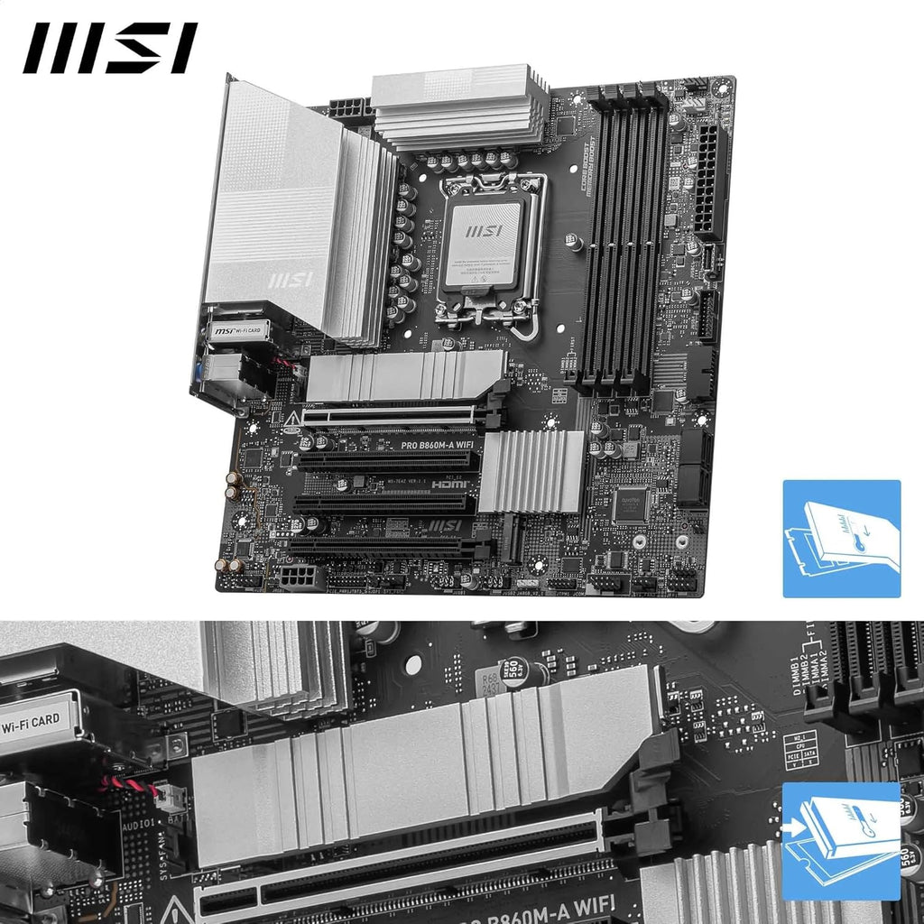 MSI PRO B860M-A WiFi Motherboard, mATX - Supports Intel Core Ultra Processors (Series 2), LGA 1851-12 DRPS, DDR5 Memory Boost (8600+ MT/s OC), PCIe 5.0 x16 & 4.0 x16, M.2 Gen5, Wi-Fi 7, 5G LAN