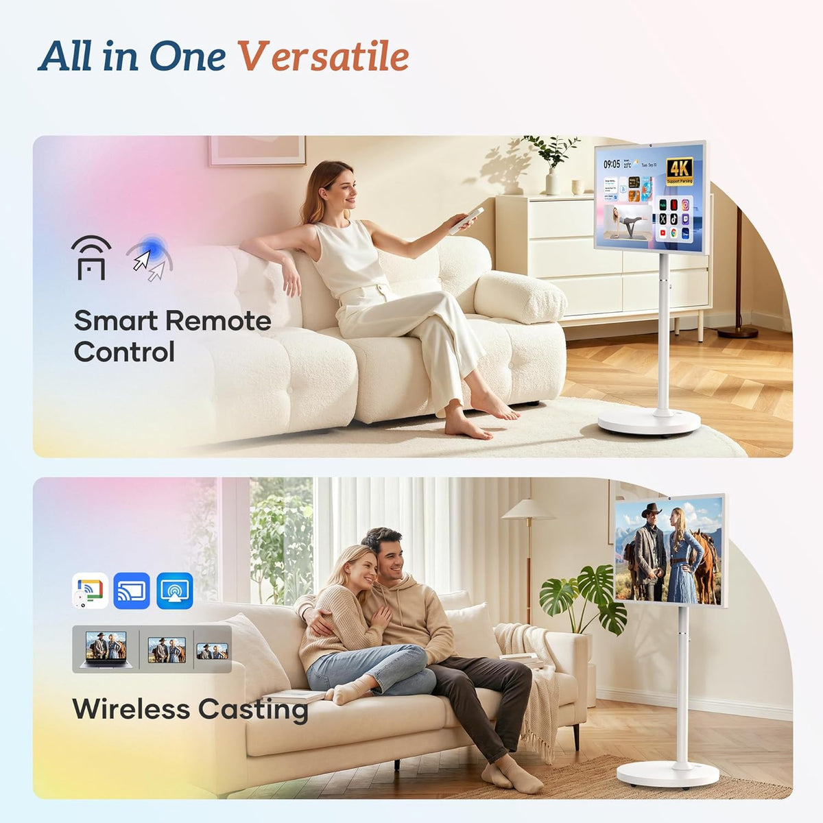 Bisprico 32" Portable Smart TV on Wheels, Qualcomm CPU, EDLA-Certified, Built-in 22000mAh Battery, 16+128GB, Android 14 OS Rolling Tablet TV, Full Swivel Rotation, Remote Control, 13MP Webcam