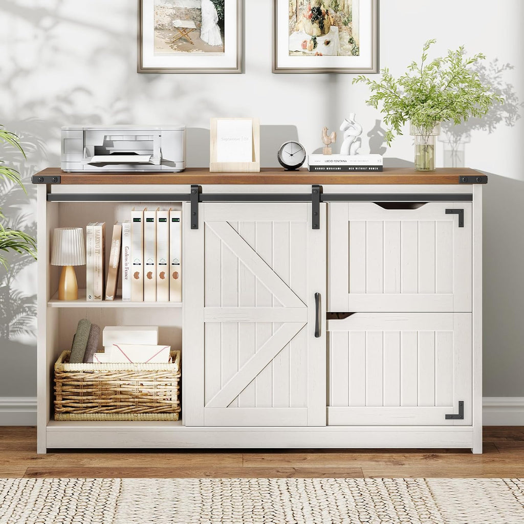 Halitaa 47.8” Farmhouse Lateral File Cabinet with Sliding Barn Door, 3 Drawers Filing Storage Cabinets with Adjustable Shelf, Office Printer Stand for Hanging Files Letter/Legal/A4/F4.Off White