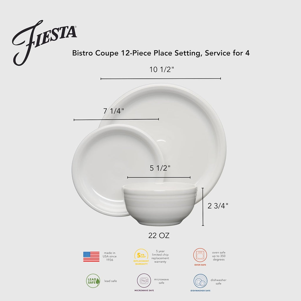 Fiesta® 12-Piece Bistro Coupe Dinnerware Set (Service for 4) – Durable Ceramic, Lead-Safe, Dishwasher/Microwave/Oven Safe – Made in USA Dinnerware - Meadow