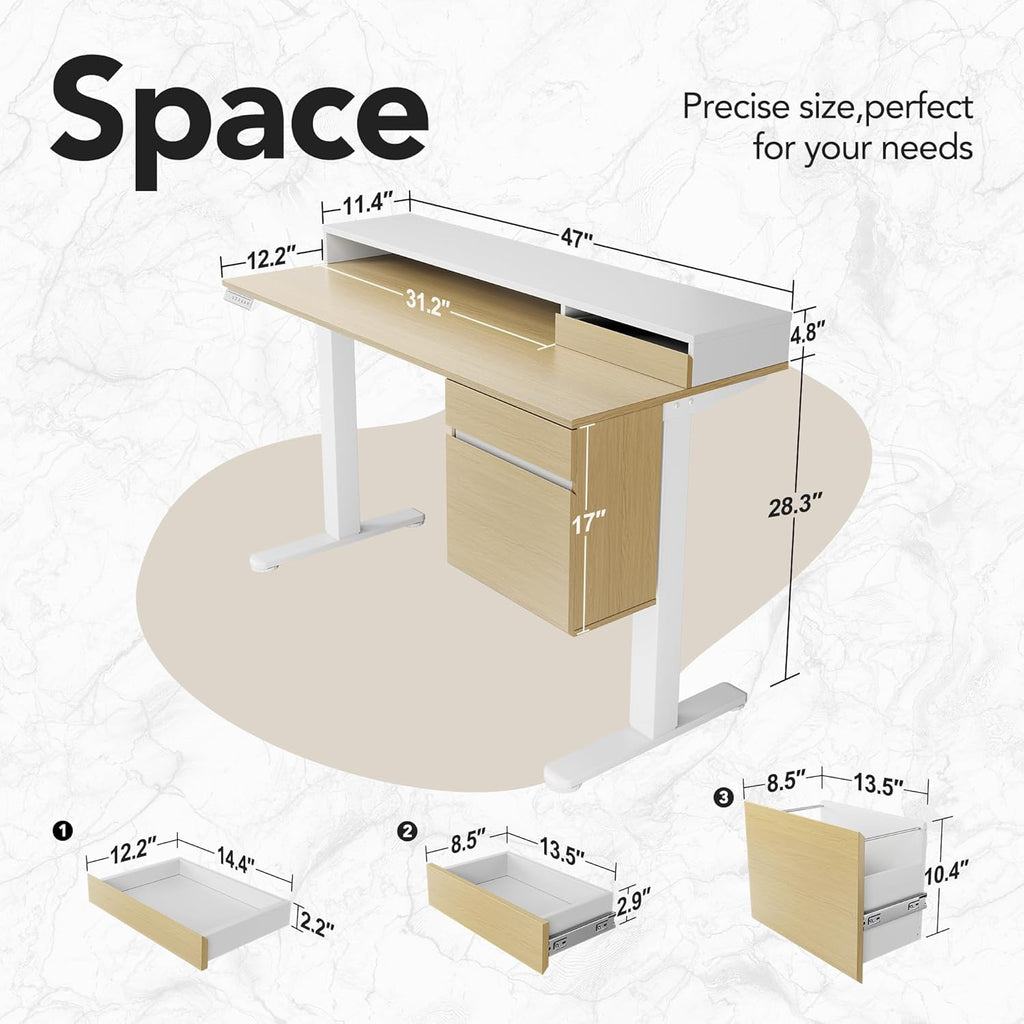 HUANUO Electric Standing Desk with File Cabinet, 47 Inch Height Adjustable Desk with Storage Drawers, Ergonomic Stand Up Table Compatible with Monitor Stand, Light Walnut