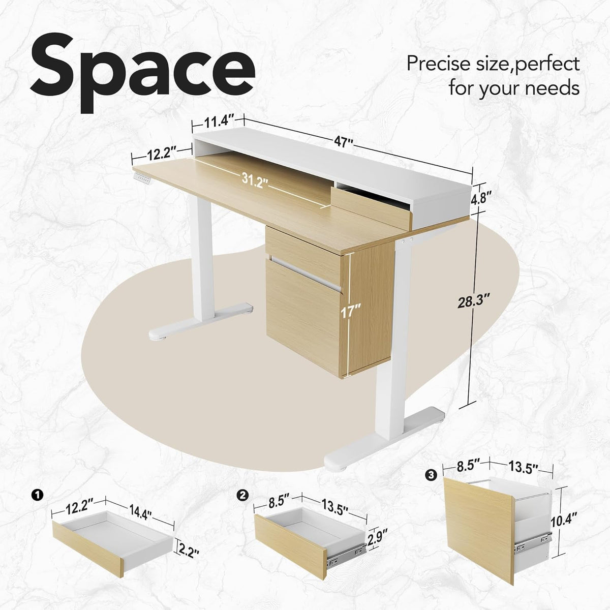 HUANUO Electric Standing Desk with File Cabinet, 47 Inch Height Adjustable Desk with Storage Drawers, Ergonomic Stand Up Table Compatible with Monitor Stand, Light Walnut
