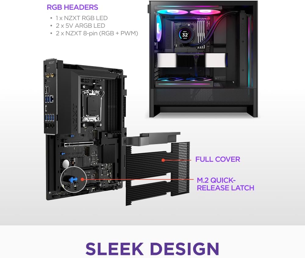 NZXT N7 B850 - AMD B850 AM5 ATX Gaming Motherboard for Ryzen 9000/8000/7000-16+2+1, DDR5, 3X M.2, PCIe 5.0, Wi-Fi 6E, 2.5GbE LAN - M.2 NVME with Quick-Release Latch - Full Cover - Black
