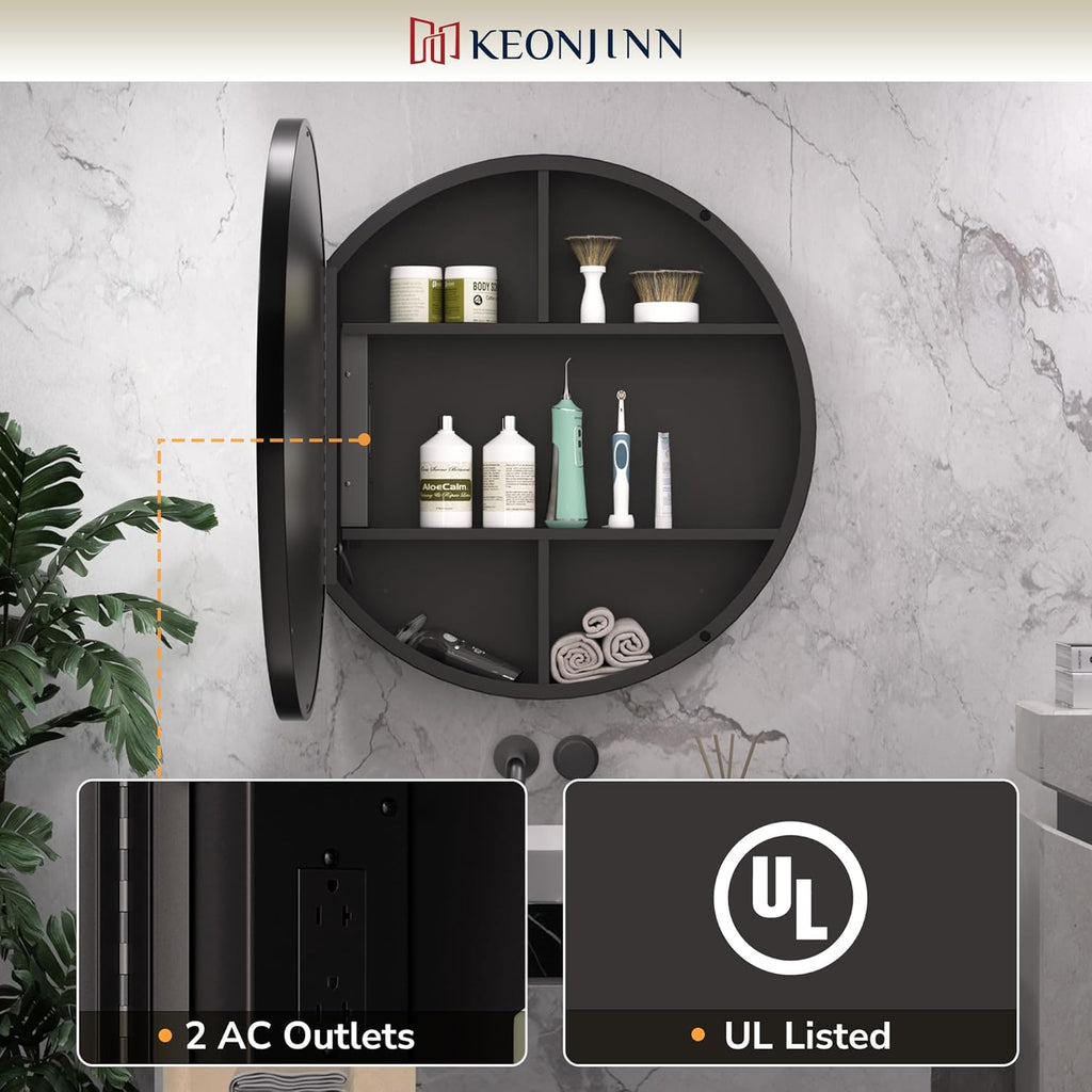 Keonjinn 30 Inch Round Lighted Medicine Cabinet, Black LED Medicine Cabinet Mirror, Circle, Electrical Outlet, 3 Color Lights, Anti-Fog, Dimmable, Surface Mount Only