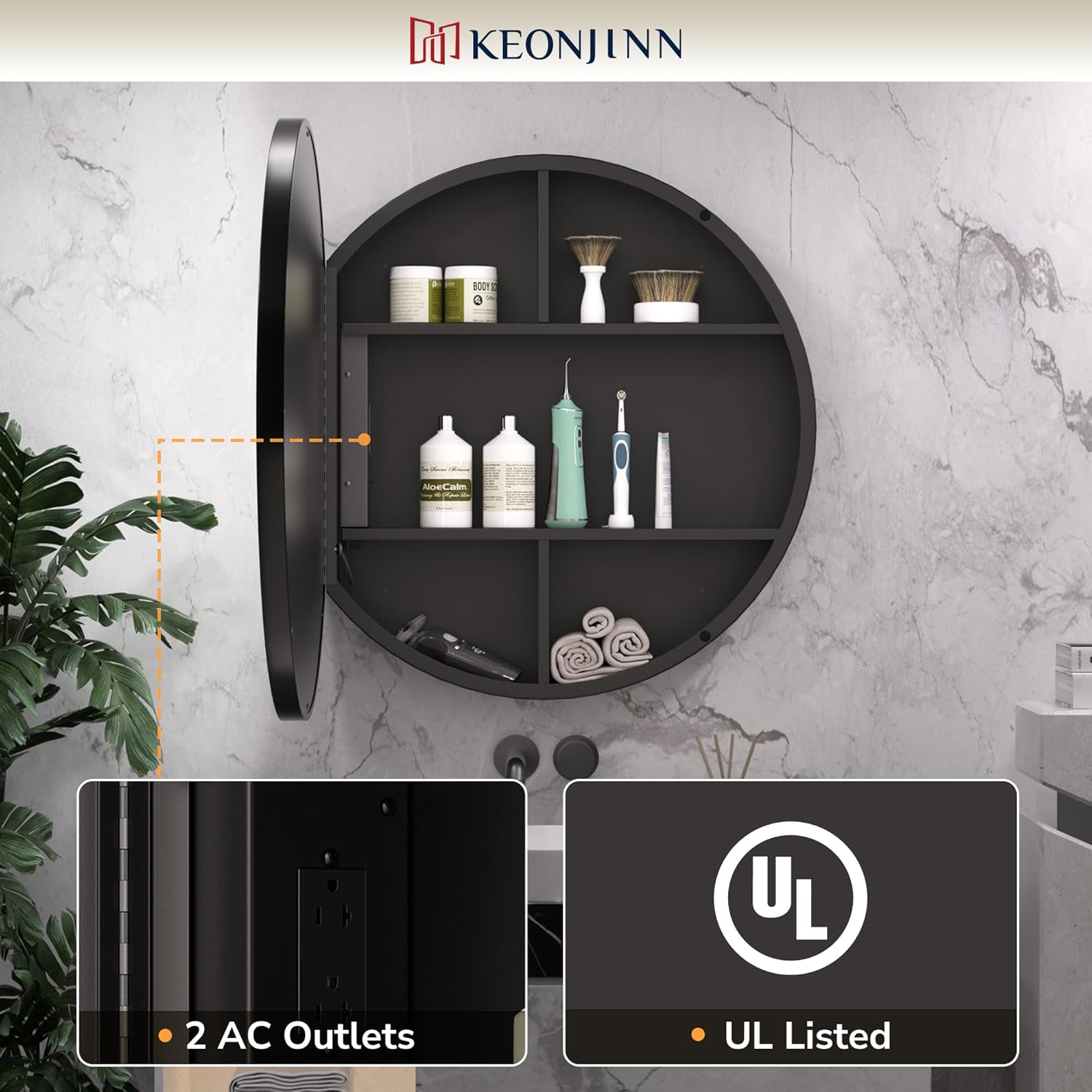 Keonjinn 30 Inch Round Lighted Medicine Cabinet, Black LED Medicine Cabinet Mirror, Circle, Electrical Outlet, 3 Color Lights, Anti-Fog, Dimmable, Surface Mount Only