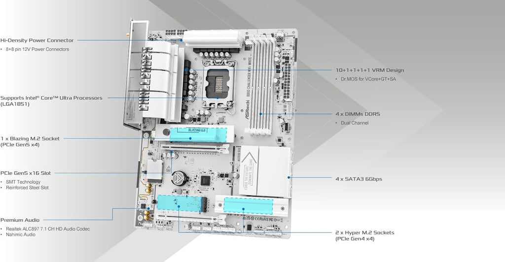 ASRock B860 Challenger WiFi White LGA1851 ATX Motherboard, Supports Intel Core Ultra Series 2 Processors, DDR5 8666+(OC), PCIe 5.0, WiFi 7, 2.5G LAN