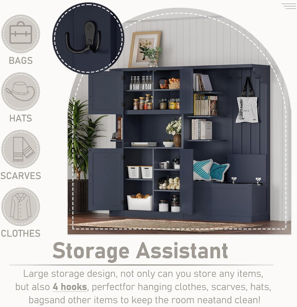 LUMISOL Wide Hall Tree with Storage and 4 Hooks, Left-Right Combination Hall Cabinet, Can Be Used Separately, Entryway Storage Cabinet with Bench, for Living Room Kitchen, Antique Blue