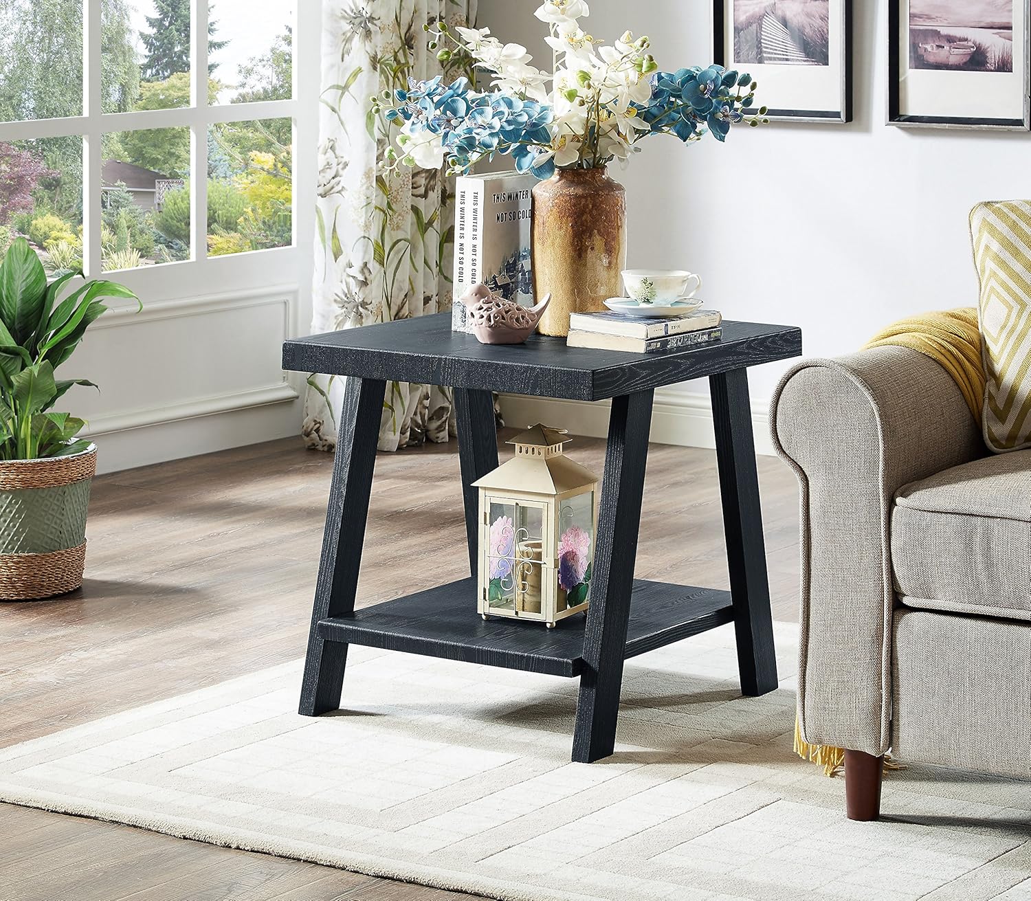 Roundhill Furniture Athens Contemporary 3-Piece Wood Shelf Coffee Table Set , Black