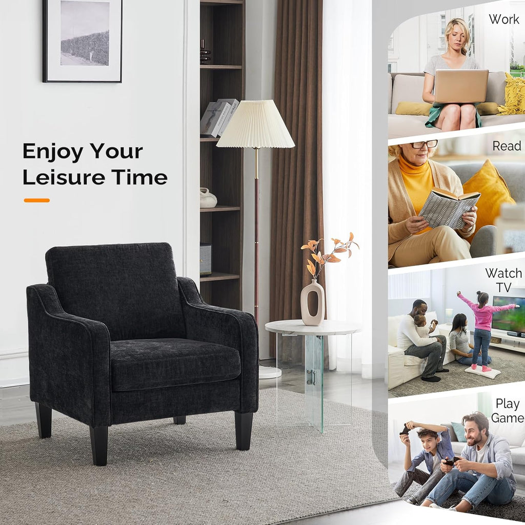VINGLI Living Room Chairs Set of 2, Black Accent Chair 5.5" Thick Seat Cushion Comfy Chair Soft Chenille Side Chair Upholstered Arm Chair for Bedroom, Play Room, Apartment, Office (Black)