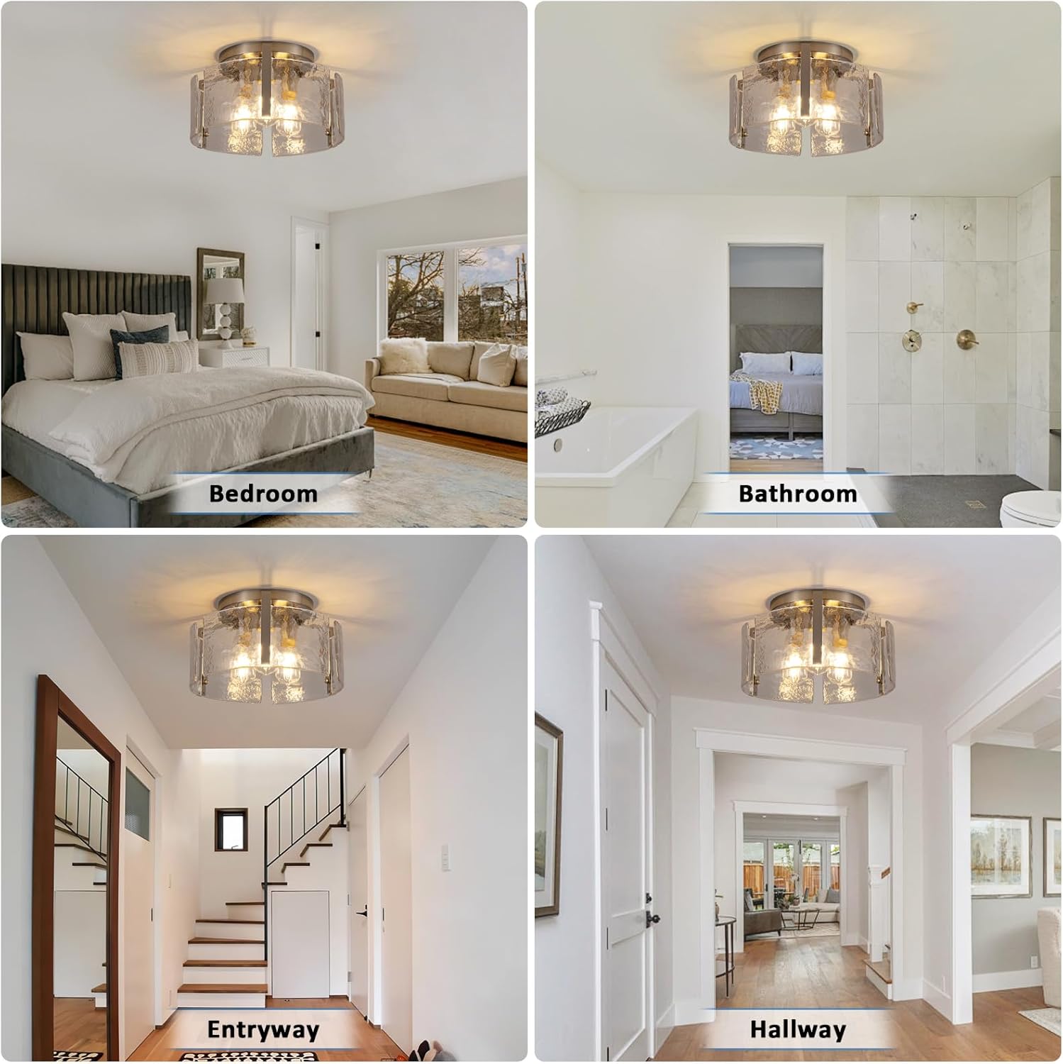 Modern Semi Flush Mount Ceiling Light Fixture, Nickel Hallway Light Fixtures Ceiling Mount, Dimmable Foyer Kitchen Lighting Fixtures Ceiling Lights for Bedroom Bathroom Dining Room Laundry Room