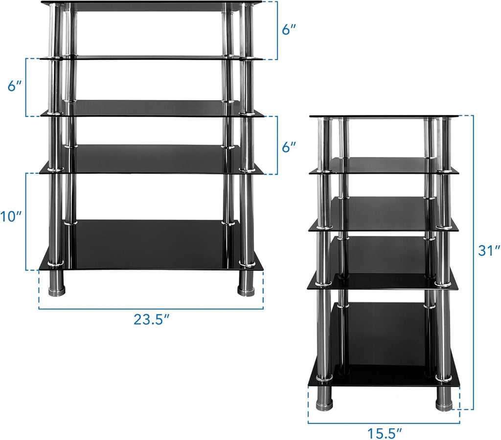 Mount-It! Tempered Glass AV Component Media Stand, Audio Tower and Media Center with 5 Shelves, 220 Lbs Total Capacity, Black Shelves Chrome Legs (MI-8671)