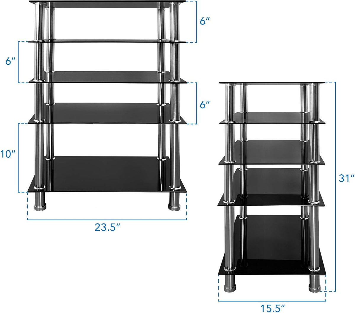 Mount-It! Tempered Glass AV Component Media Stand, Audio Tower and Media Center with 5 Shelves, 220 Lbs Total Capacity, Black Shelves Chrome Legs (MI-8671)
