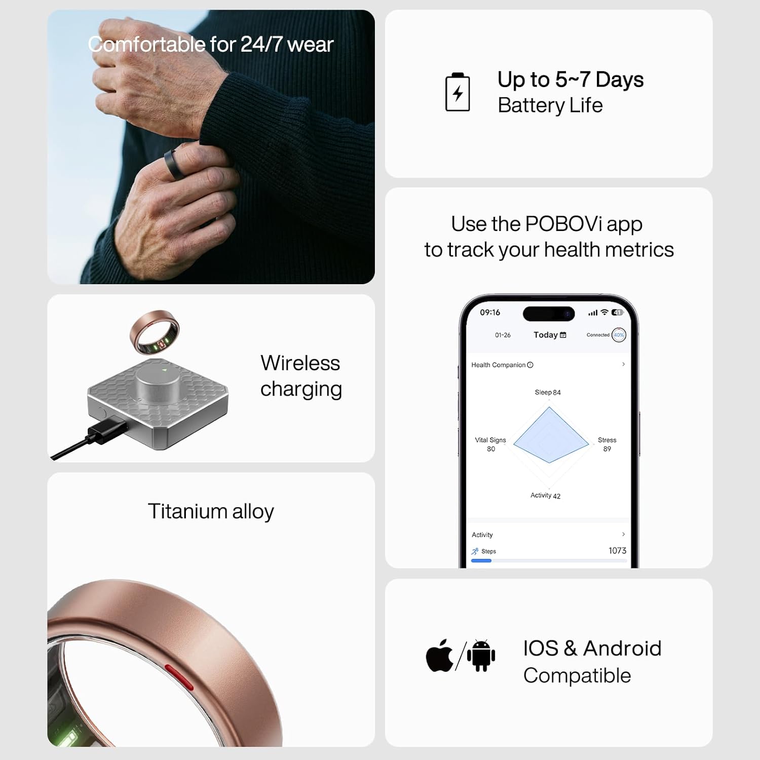 POBOVi Gen 2 Titanium Smart Ring for Women & Men, Sleep & Heart Rate Tracker, No Subscription, Size Before You Buy (Rosegold, 10)