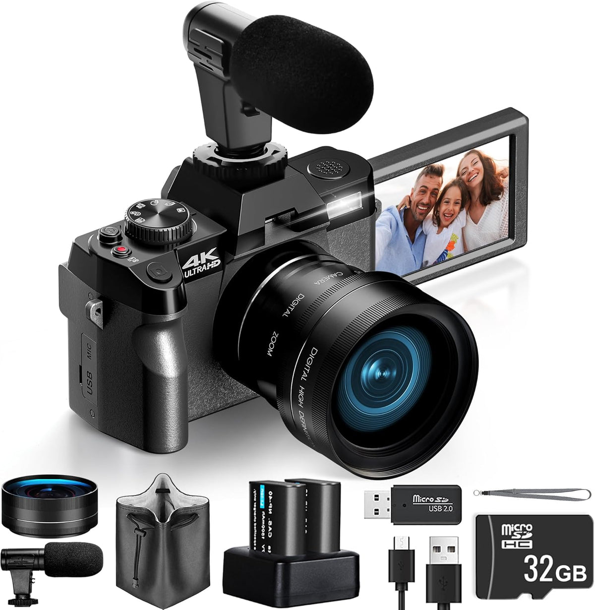 4K Digital Cameras for Photography 48MP/60FPS Video Vlogging Camera for YouTube with 3" 180° Flip Screen WiFi, 16X Digital Zoom Cameras with 32GB Micro Card Wide-Angle & Macro Lens (Black)