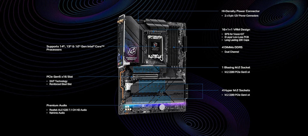 ASRock Z790 Riptide WiFi LGA1700 ATX Motherboard | Supports 14th/13th/12th Gen Intel | DDR5 8000+ (OC) | PCIe 5.0 | WiFi 7 | 8 SATA | 16+1+1 Power Phase | Killer 2.5G LAN