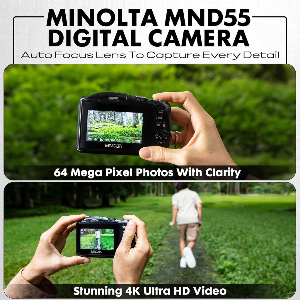 Minolta 64MP Digital Camera – 4K Ultra HD Video at 60FPS, 16x Digital Zoom, WiFi, CMOS Sensor, 3-inch LCD Display, Auto Exposure - Includes 32GB Memory Card, Rechargeable Battery (Purple)