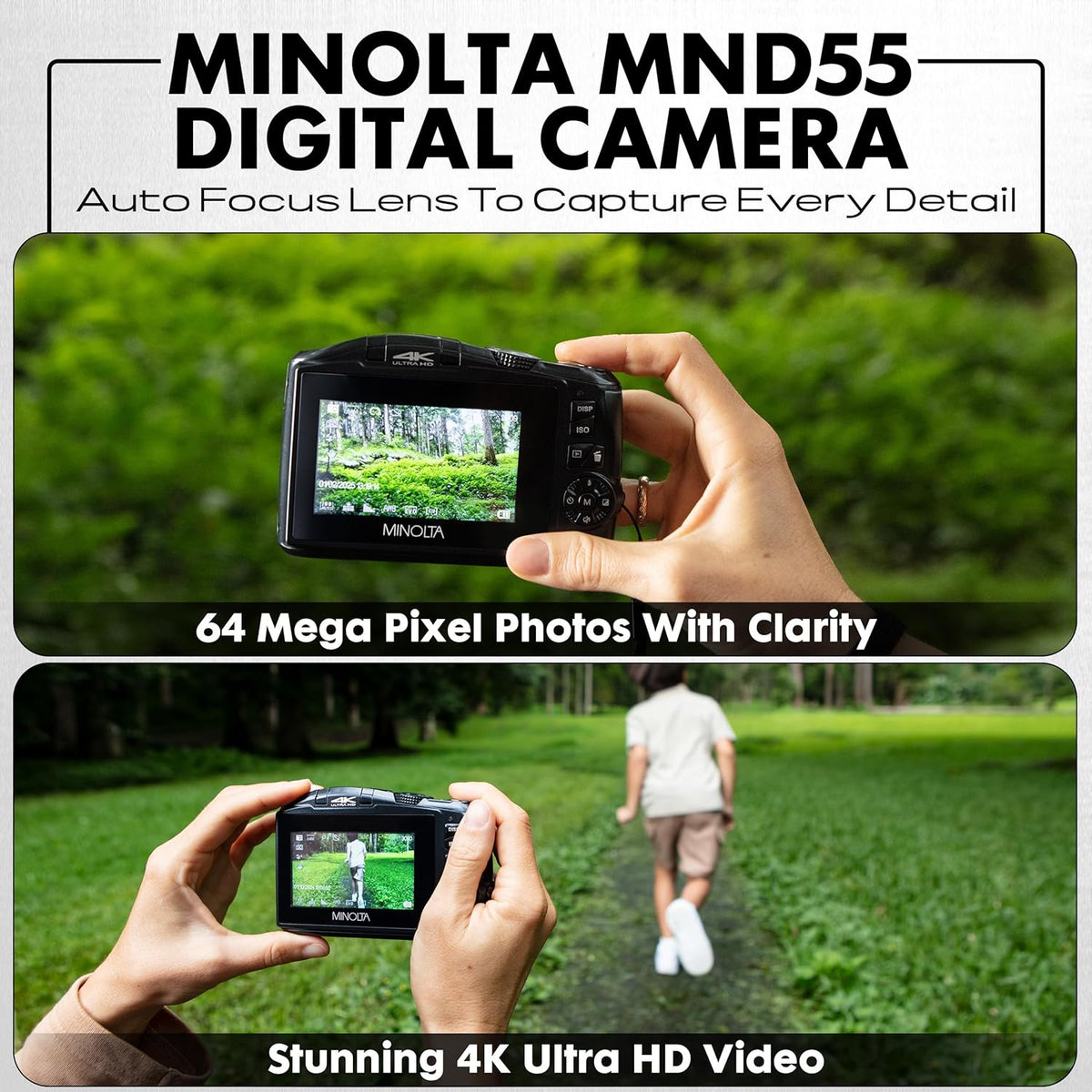Minolta 64MP Digital Camera – 4K Ultra HD Video at 60FPS, 16x Digital Zoom, WiFi, CMOS Sensor, 3-inch LCD Display, Auto Exposure - Includes 32GB Memory Card, Rechargeable Battery (Purple)