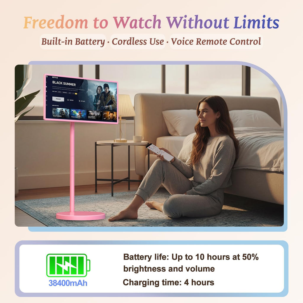 32" Portable Smart TV with Android 15, 1080P Touch Screen Monitor on Wheels, EDLA-Certified, 8GB+128GB Storage, 5MP Camera, 10H Playing Time, Rotatable Display, Wireless Casting, Voice Remote Control