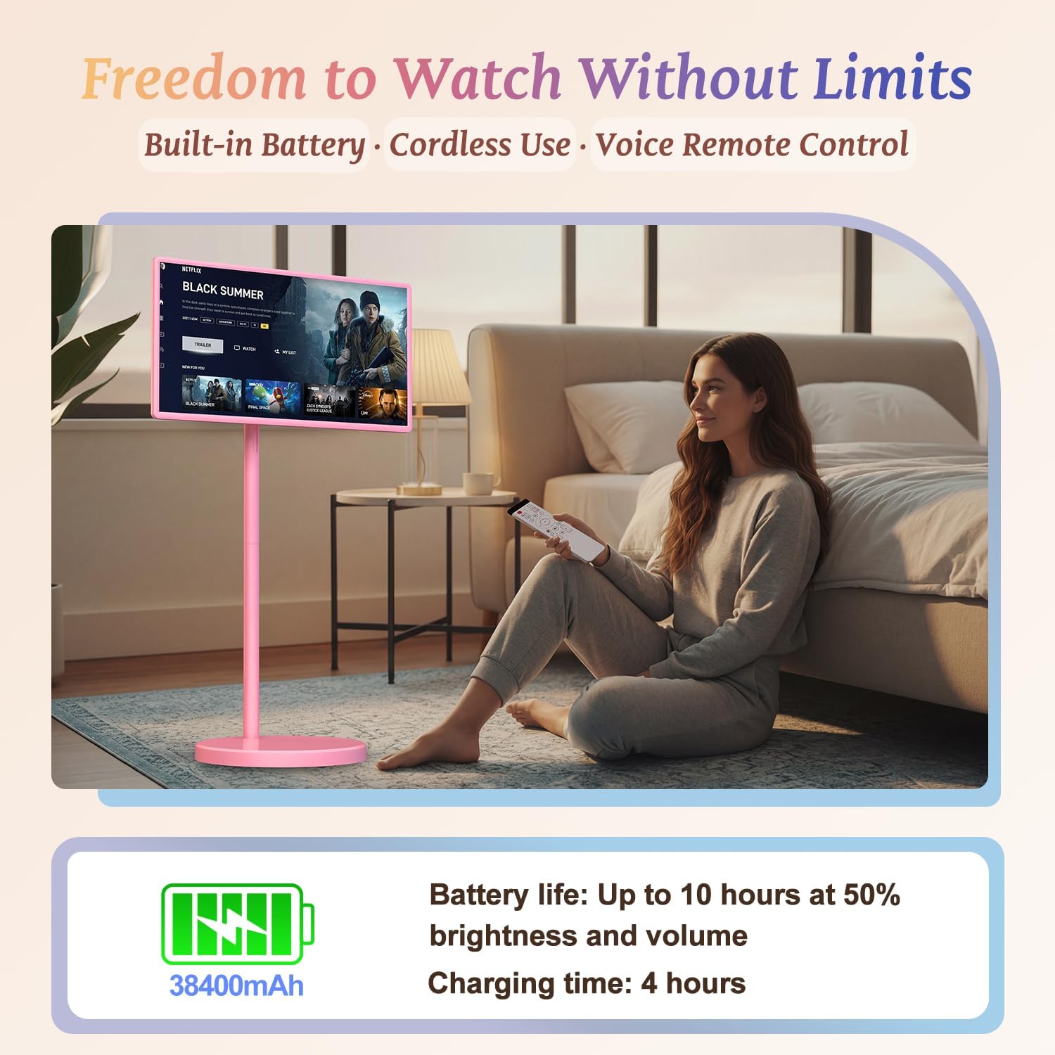32" Portable Smart TV with Android 15, 1080P Touch Screen Monitor on Wheels, EDLA-Certified, 8GB+128GB Storage, 5MP Camera, 10H Playing Time, Rotatable Display, Wireless Casting, Voice Remote Control