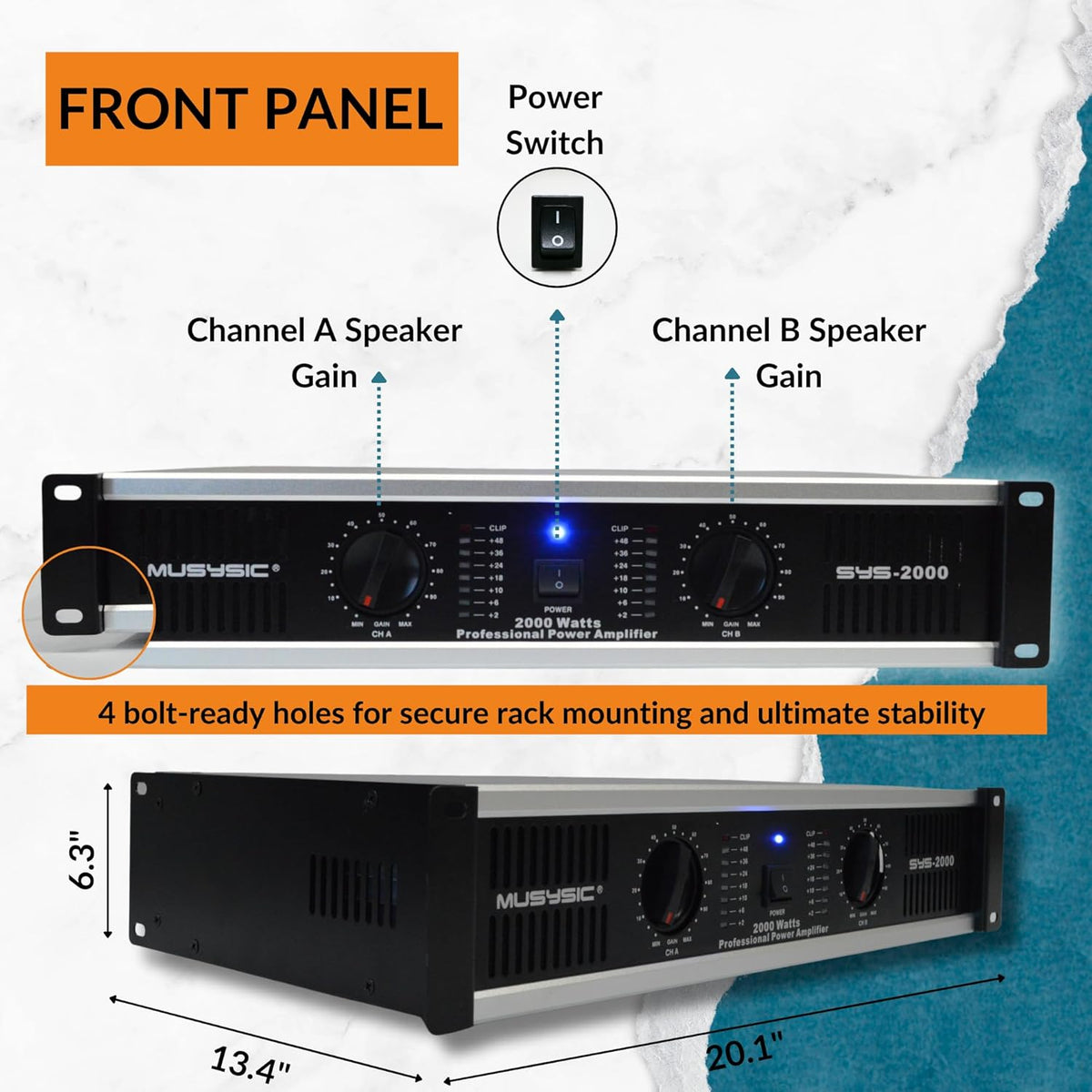 MUSYSIC Professional Power Amplifier 2 Channel 2000W - Home Audio Component Amplifiers for DJ, PA System, Speakers - high Quality Stereo Amp with Digital Audio Processing - Stereo XLR & 1/4" Inputs