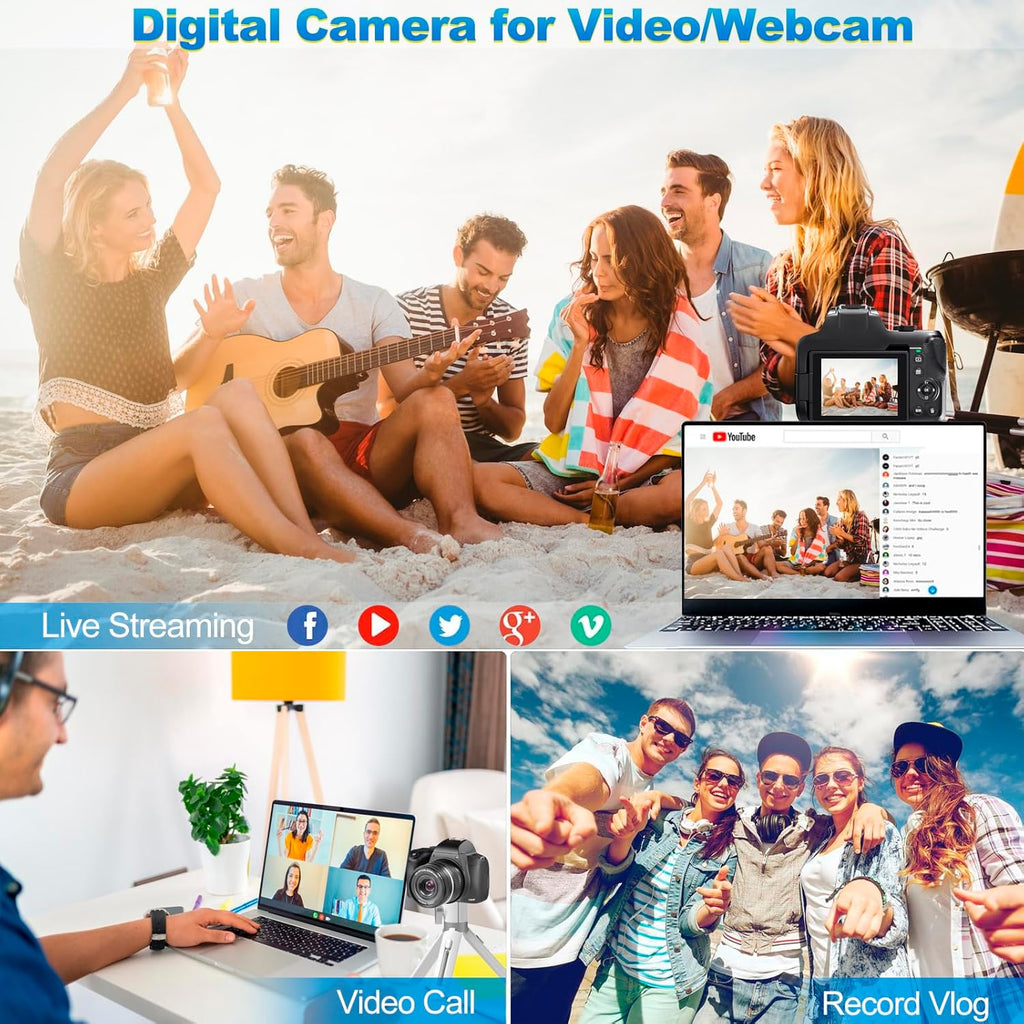 4K Digital Camera for Photography - 12X Optical Zoom 72MP Vlogging Camera for YouTube with 3" 270° Flip Screen, Autofocus Compact Camera with 2 Batteries 64GB SD Card, USB Card Reader & Charging Stand