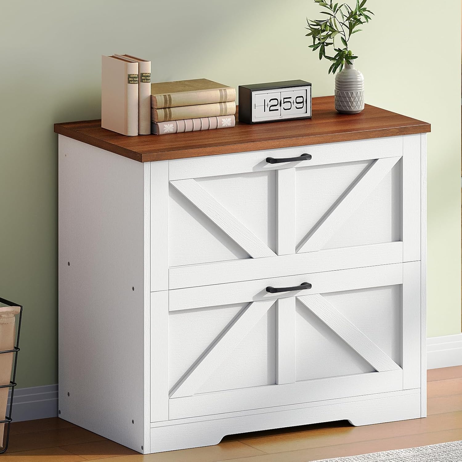 HOOBRO 2 Drawer File Cabinet, Farmhouse Lateral Filing Cabinet for Letter/A4/Legal Size, Large Wooden Office Storage Cabinet, Printer Stand for Home Office, White and Walnut WH48WJ01