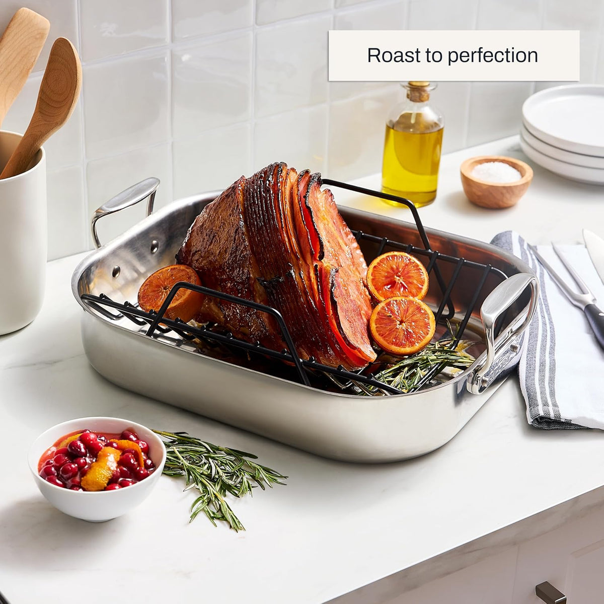 All-Clad Specialty Stainless Steel Roaster and Nonstick Rack 16x13x5 Inch Oven Broiler Safe 600F Roaster Pan, Pots and Pans, Bakeware, Turkey, Silver