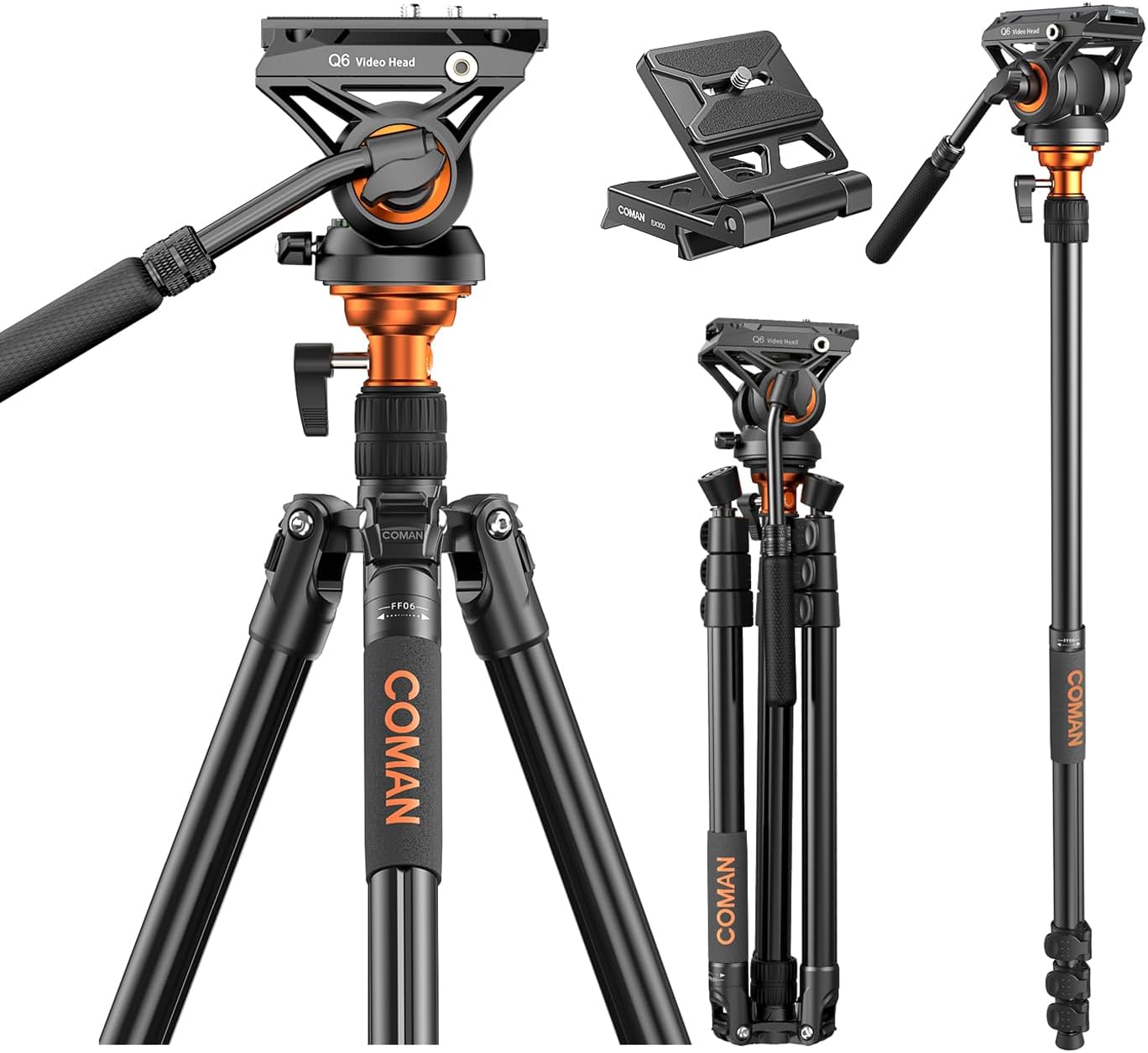 COMAN Camera Tripod with Fluid Head, Lightweight Compact Tripod for Camera with Detachable Monopod Aluminium Alloy and QR Plate for DJI Canon Nikon Sony DSLR Camera 70.8“ Max Load 22.04lb(FF06S)