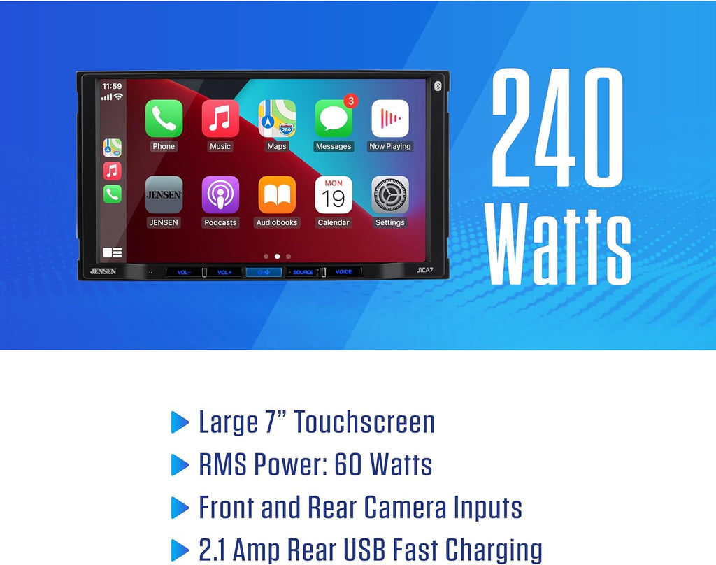 JENSEN J3CA7W 7-inch Certified Apple CarPlay Android Auto Wired or Wireless | Double DIN Touchscreen Car Stereo Radio | Bluetooth | Backup Camera Input | USB Playback & Charge