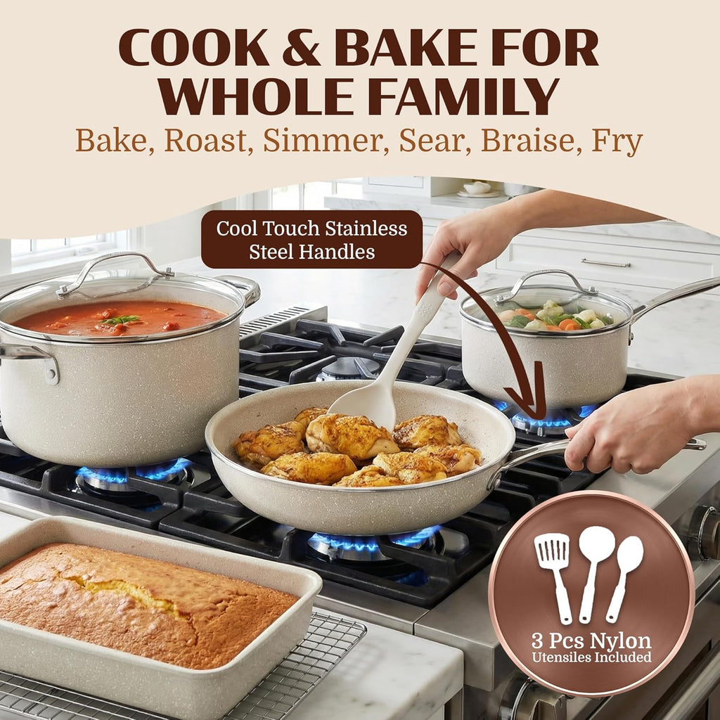 Granitestone Ceraluxe 20 Pc Ceramic Cookware Set Nonstick, Complete Pots and Pans Set Non Stick for Kitchen with Bakeware, Utensils & Steamer, Non Toxic Made Without PFOA PFOS, Oven & Dishwasher Safe