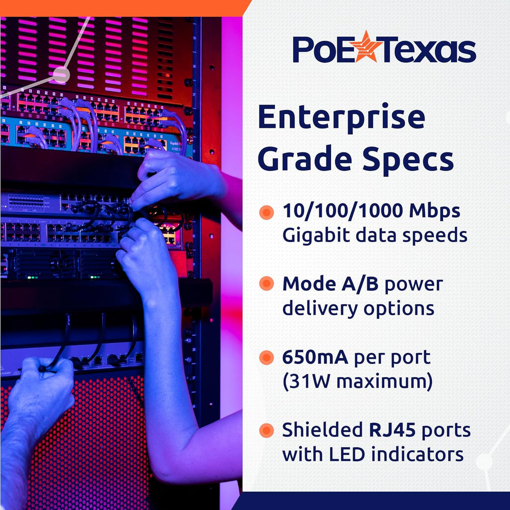 PoE Texas 12 Port Gigabit PoE Injector - Passive Power Over Ethernet Midspan Injector with 48 Volt 60 Watt Power Supply for 802.3af/at Devices - Mode A/B for IP Cameras, Phones, WiFi Access Points