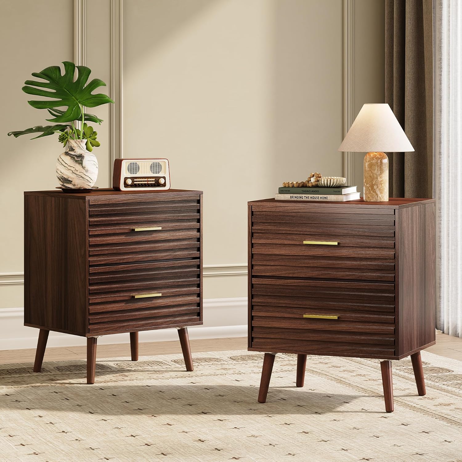 WLIVE Nightstands Set of 2, Mid Century Modern Bedside Tables with Fluted Drawers, Walnut Wood End Table with Storage for Bedroom, Accent Furniture