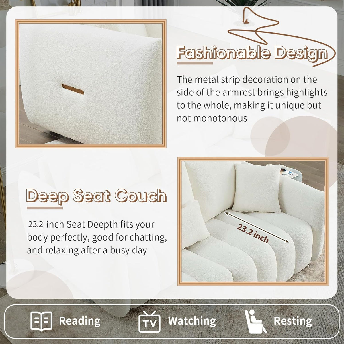 Antetek Set of 3 Teddy Sofa for Living Room, Modern 2 Units Deep Seat Sofa Chairs and an Oversized 3-Seater Cloud Boucle Couch for Bedroom, Office, Apartment, Furniture Set, Beige (3 Pieces)