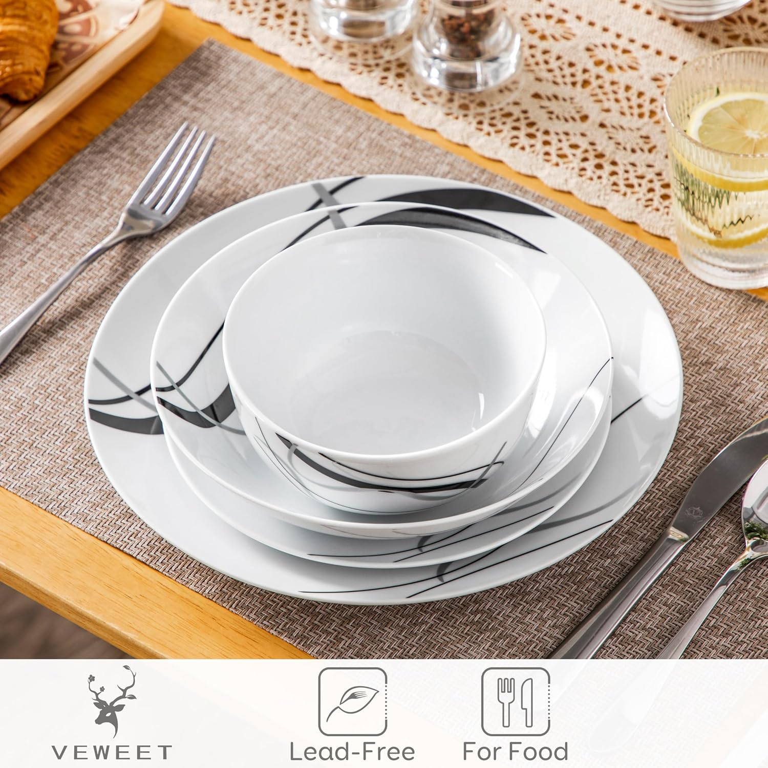 VEWEET Porcelain Dinnerware Sets for 6, 24 Pieces Plates and Bowls Set with Black and Grey Ribbon Lines, Dishes Set Dining Ware for Dinner, Microwave and Dishwasher Safe, Series FIONA