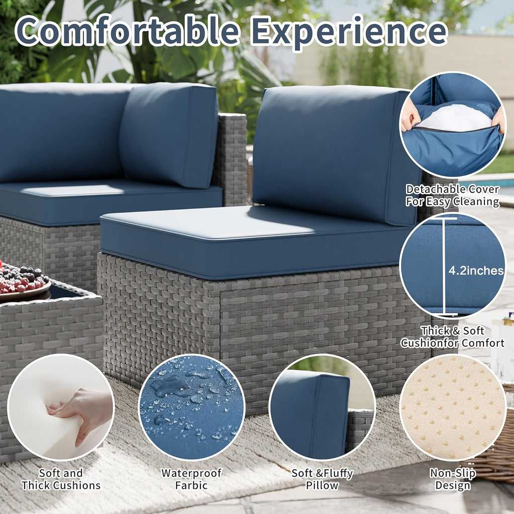 SUNLEI 5 Piece Outdoor Patio Furniture Set with Fire Pit Table, Silver PE Rattan Wicker Conversation Sofa Set with Blue Cushions, All Weather Sectional Patio Couch for Backyard, Deck, Garden, Porch