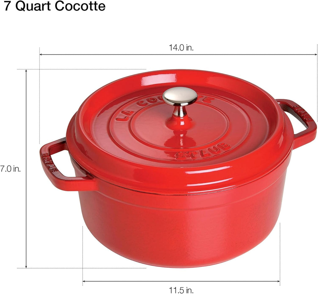 Staub Cast Iron Round Cocotte, Dutch Oven, 7-quart, serves 7-8, Made in France, Cherry
