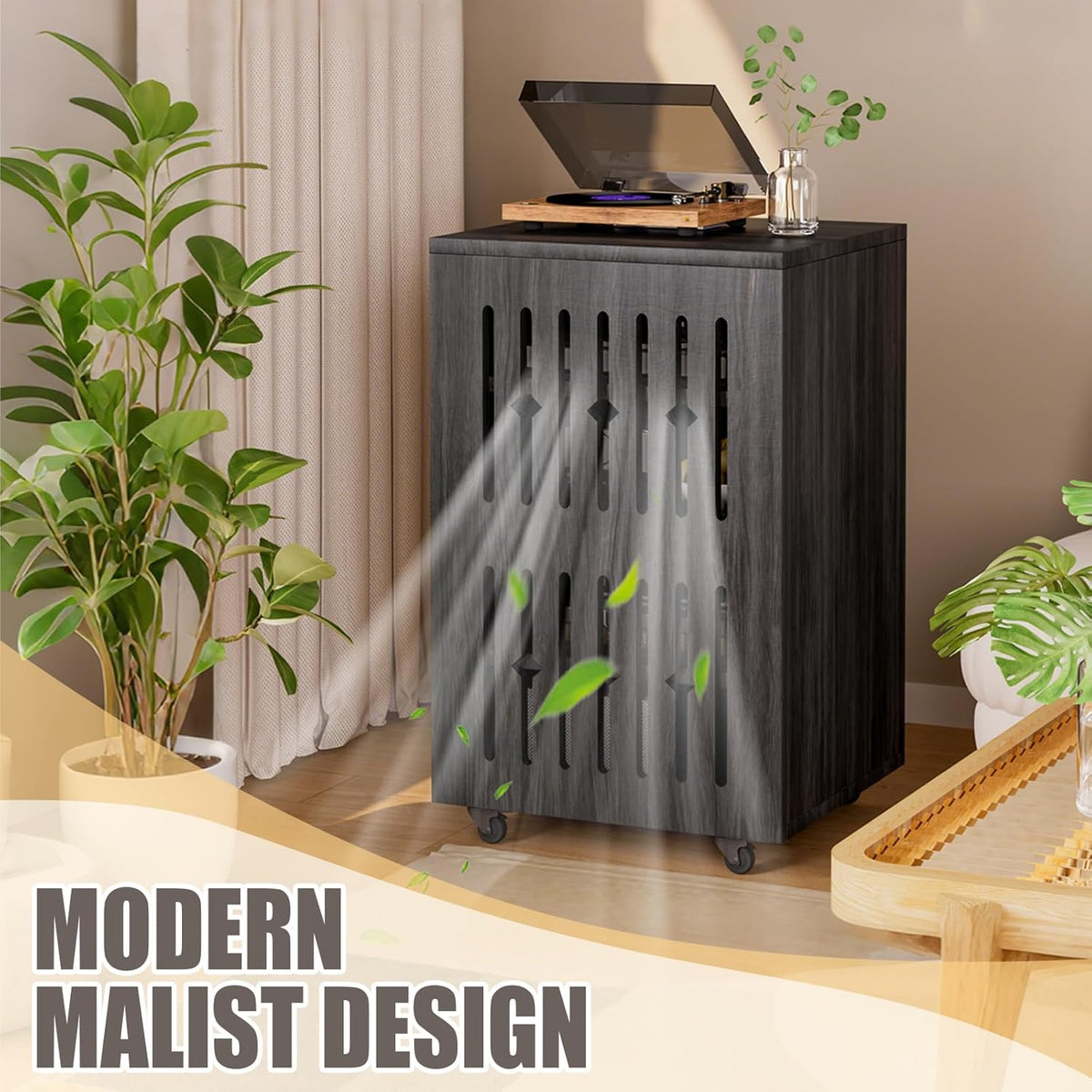 5-Tier Stereo Components Cabinet Wooden Audio Equipment Cabinet with Grille Door Closed Entertainment Stand with Adjustable Shelves AV Media Vintage Rack On Wheels for Living Gaming Room (Black)